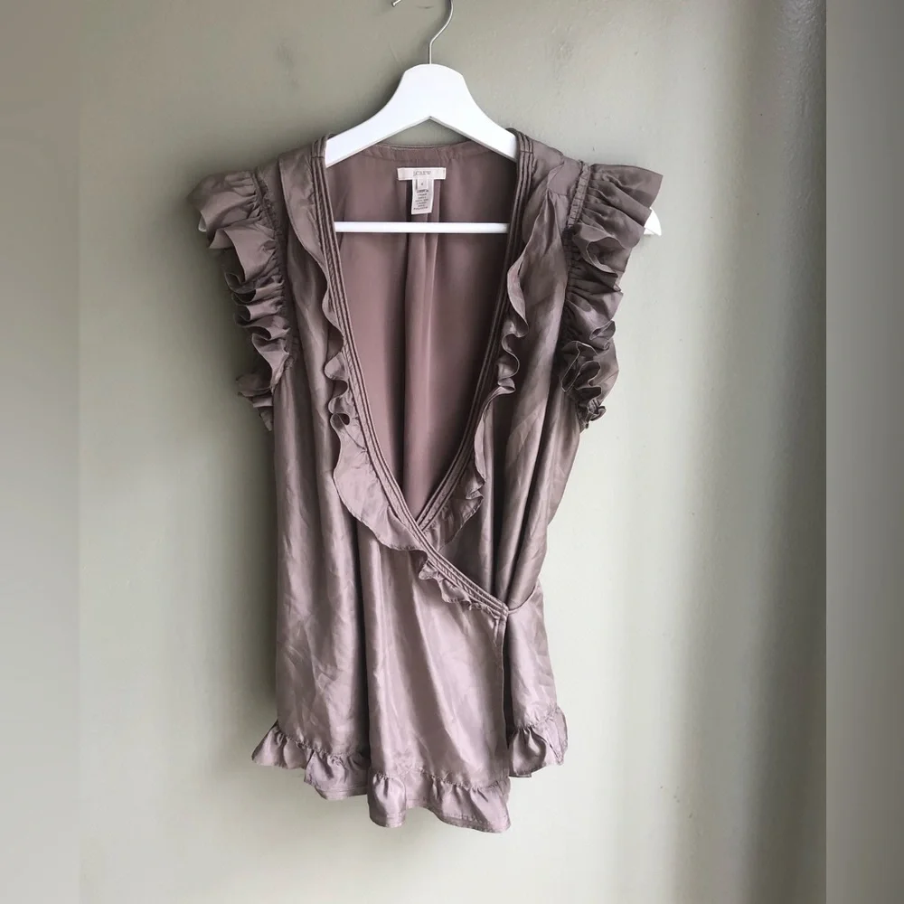 J.Crew Ruffled Lace Trim Wrap Sleeveless Blouse 100% Silk Size: 4